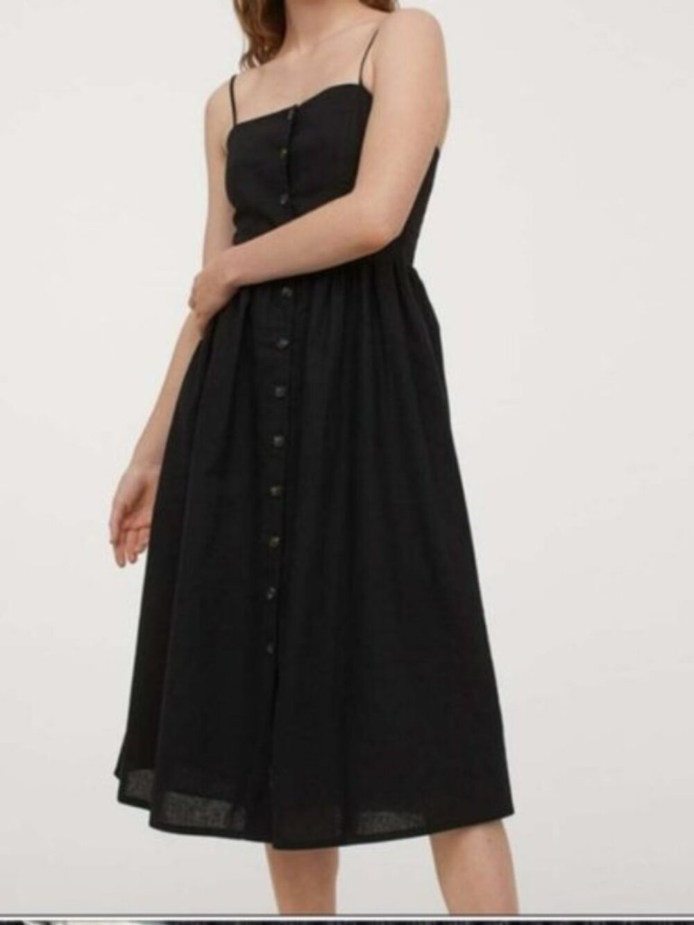 H&M Midi Dress Black Button Down Linen Blend Smocked Large Boho Summer